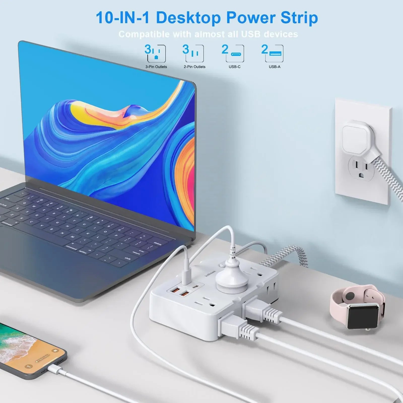 Flat Plug Surge Protector Power Strip – 5Ft Extension Cord, 6 Outlets & 4 USB Ports - EVERESTVAULT