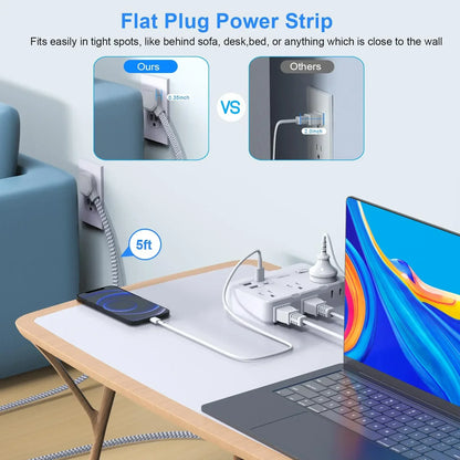 Flat Plug Surge Protector Power Strip – 5Ft Extension Cord, 6 Outlets & 4 USB Ports - EVERESTVAULT