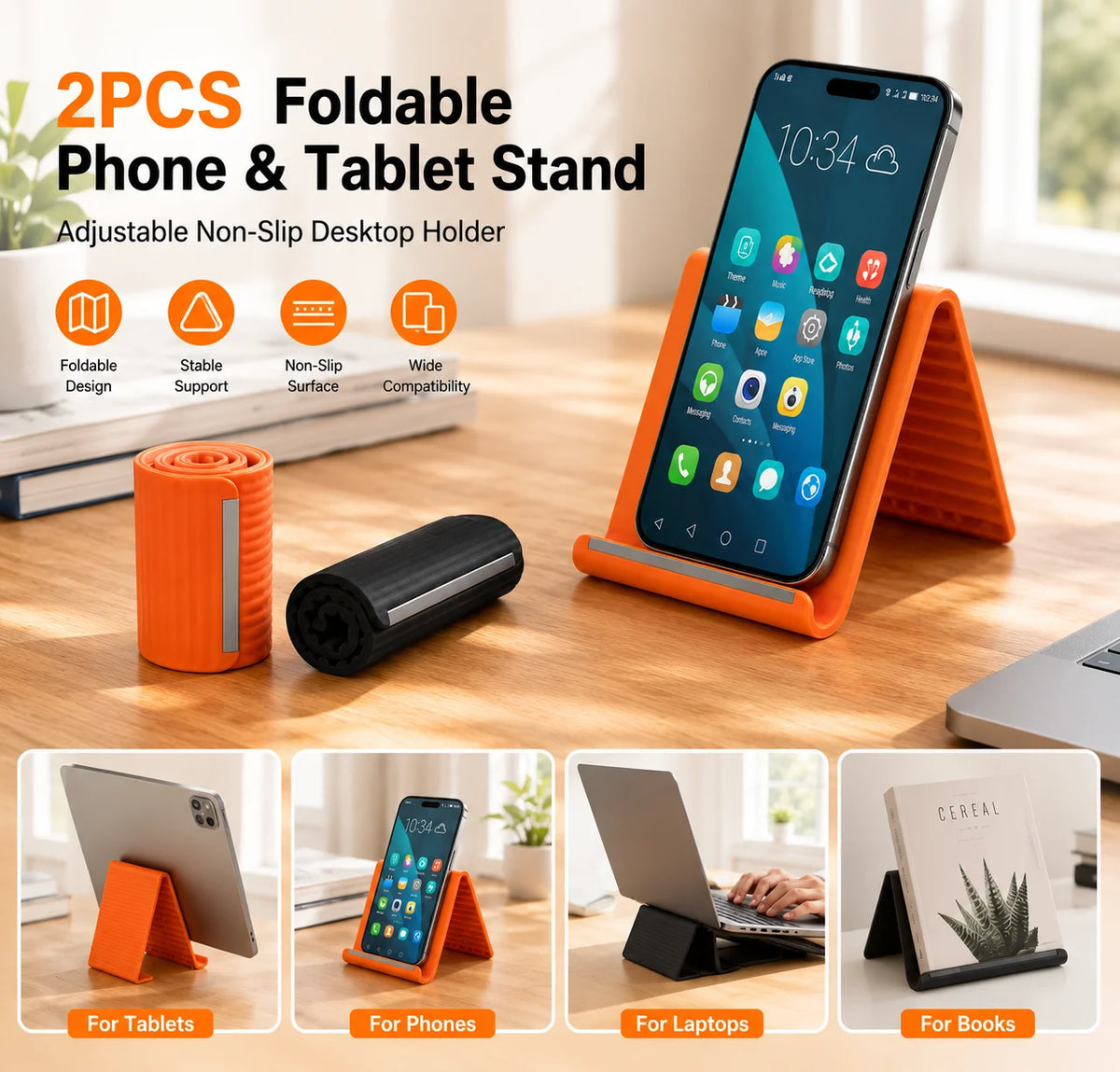 Foldable Silicone Phone & Tablet Stand – Non-Slip, Portable (2-Pack)