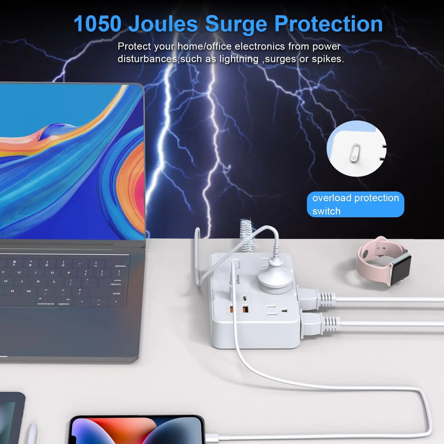Flat Plug Surge Protector Power Strip – 5Ft Extension Cord, 6 Outlets & 4 USB Ports - EVERESTVAULT