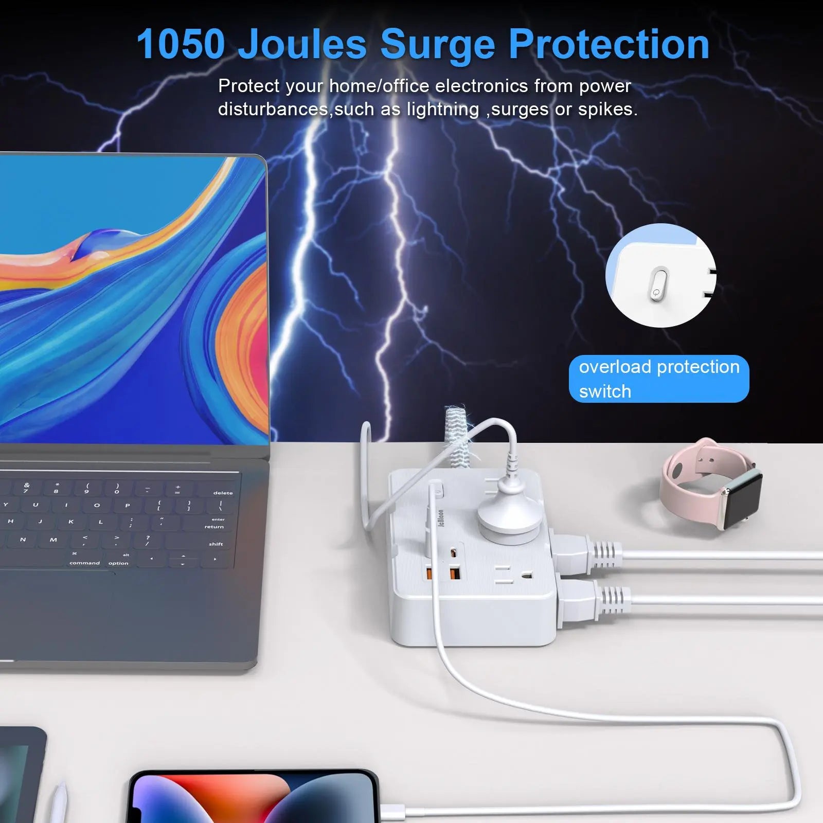 Flat Plug Surge Protector Power Strip – 5Ft Extension Cord, 6 Outlets & 4 USB Ports - EVERESTVAULT